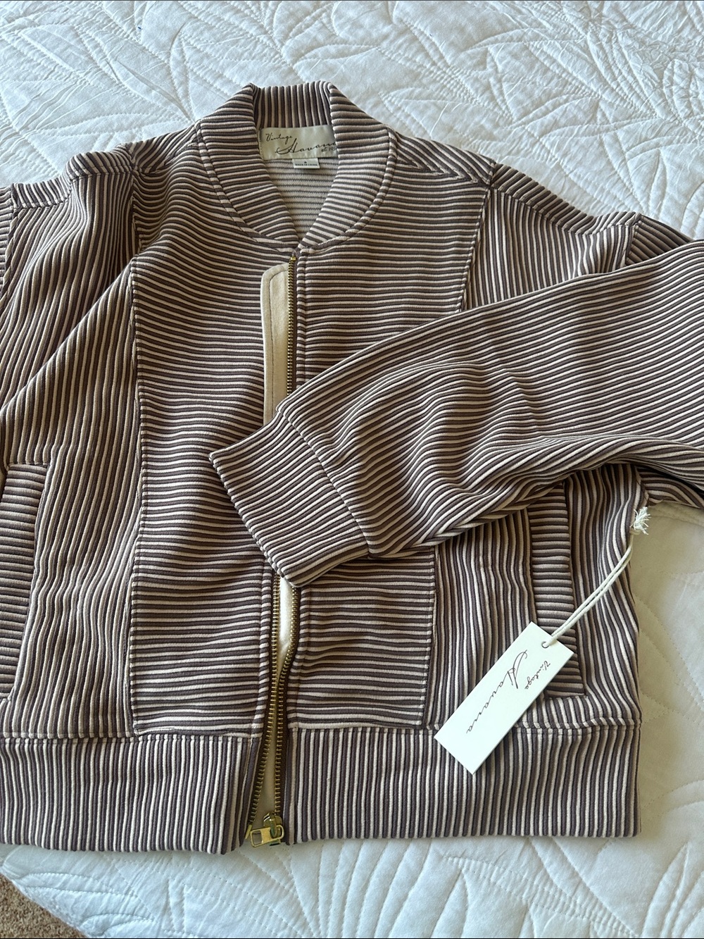 Vintage Havana Brown & Cream Striped Bomber Jacket